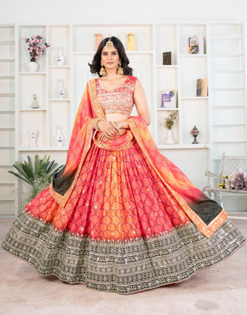 Chinon Silk Lehenga Blouse Set with Digital Print, Sequin Embroidery & Lace Work Dupatta