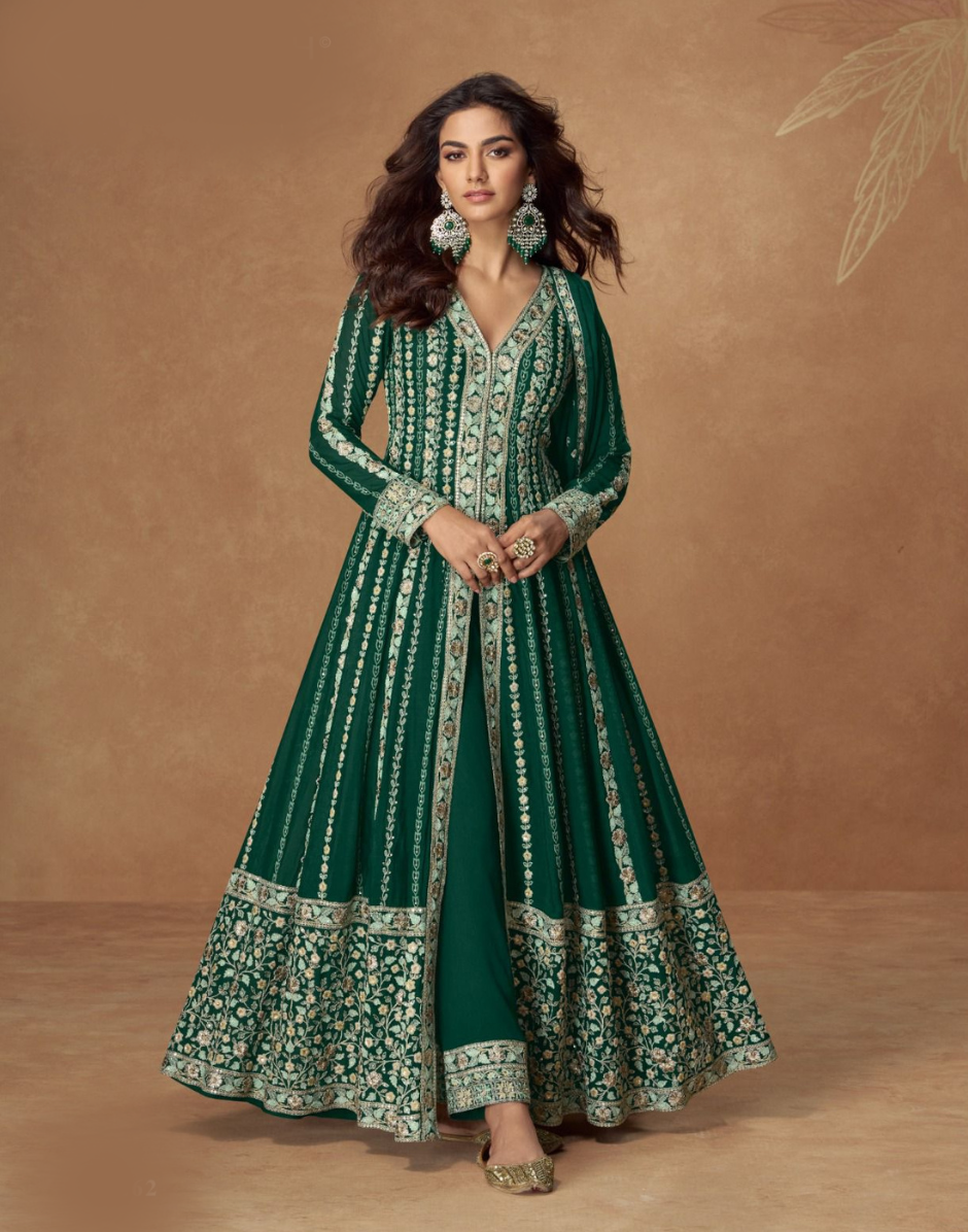 Green Chinnon Silk Embroidered Anarkali Set with Sequin Detailing and Dupatta Perfect for Festive Wear Green / XL / 10 Days Green Chinnon Silk Embroidered Anarkali Set with Sequin Detailing and Dupatta Perfect for Festive Wear Green / XL / 10 Days
