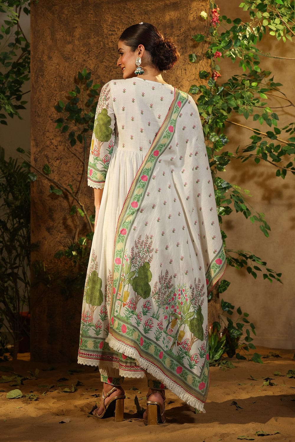 Muslin Alia Cut Suit Set in Digital Shine Prints and Hand Embroidery - Rent