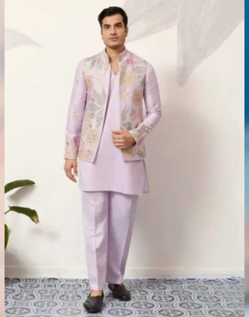 Men’s Pastel Kurta Pajama Set with Floral Embroidered Nehru Jacket Festive & Wedding Wear