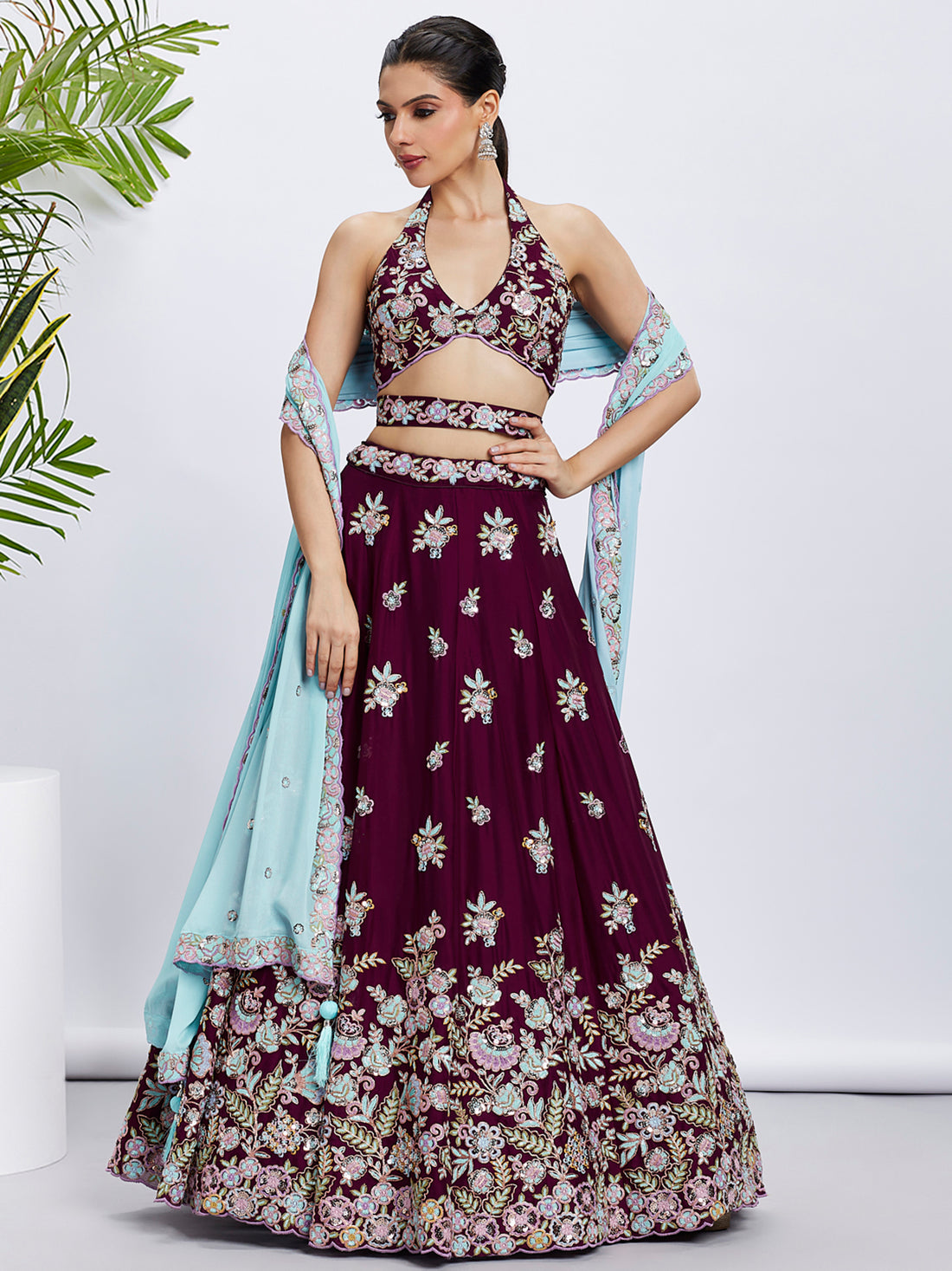 Luxurious Burgundy Pure Georgette Lehenga Choli with Sequins - Rent