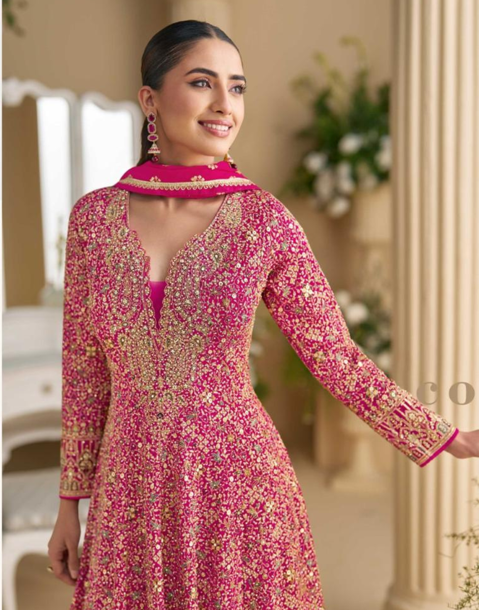 Festive Pink Georgette Gown with Intricate Swarovski & Zarkan Embroidery Dupatta Included - Buy