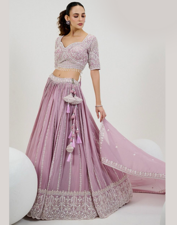 Lavender Lehenga with Georgette Jacquard Embroidered Blouse & Handwork Dupatta Set