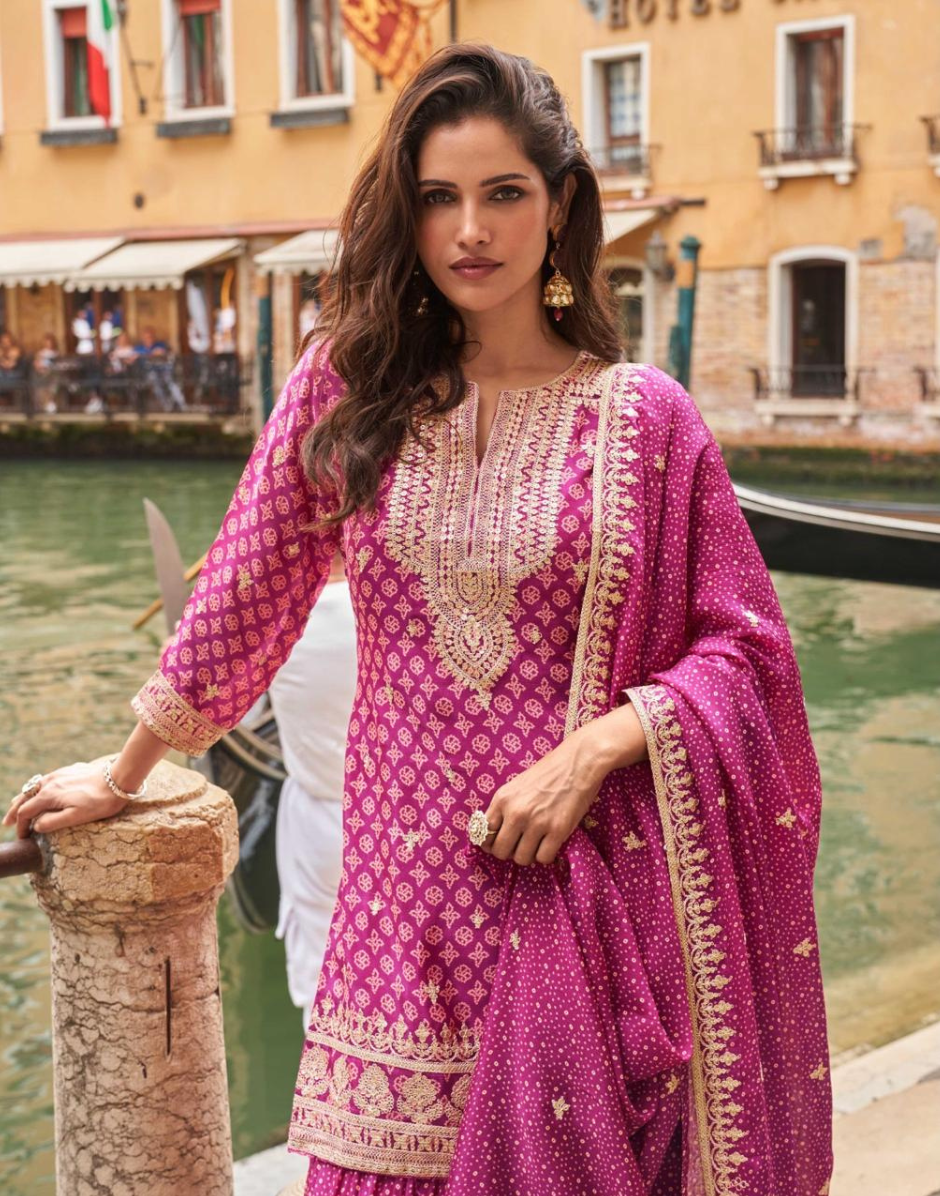 Trendy Pink Art Silk Co-Ord Set Real Chinon Embroidered Suit with Dupatta - Buy