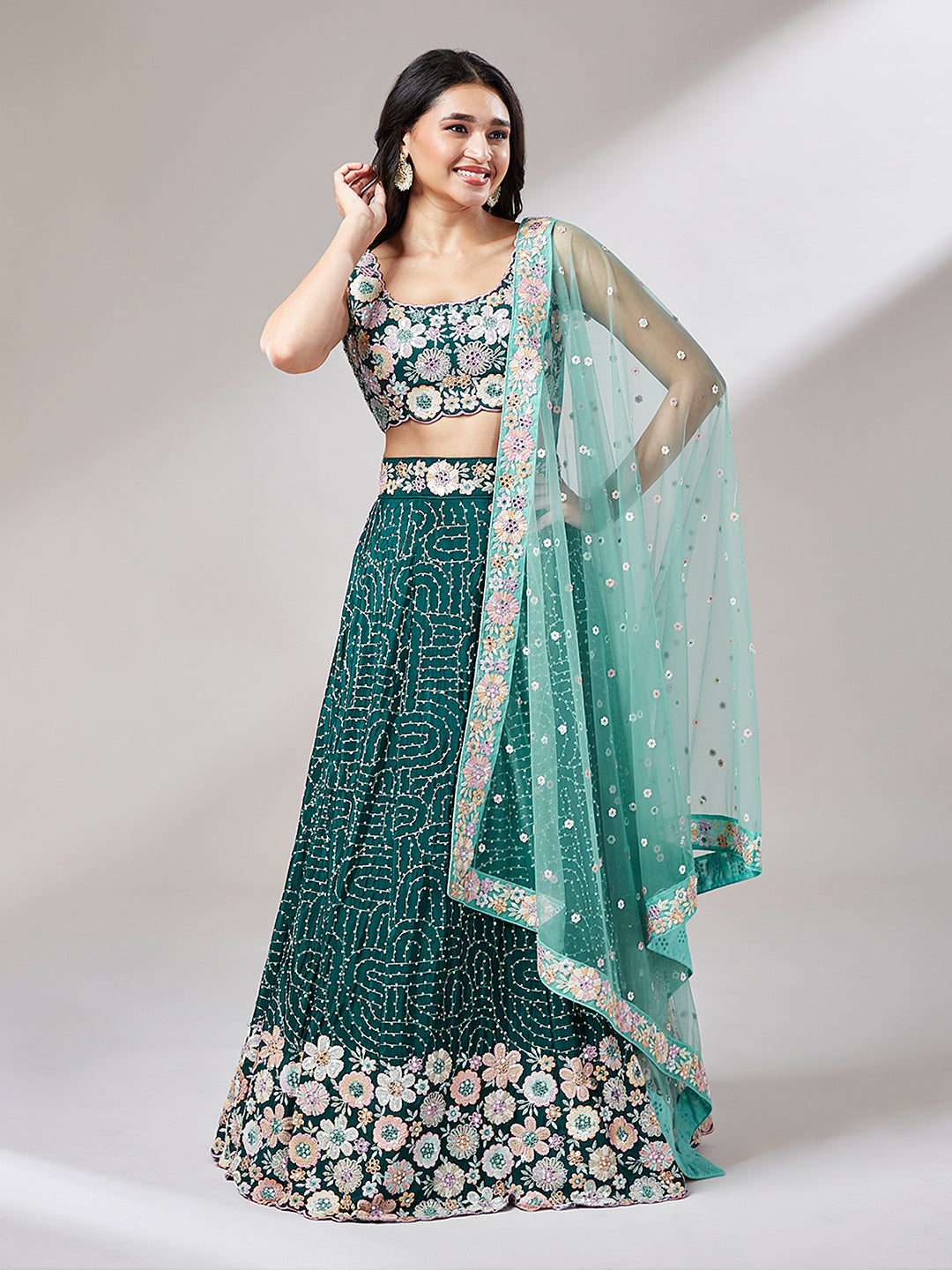 Teal Georgette Heavy Sequinse Embroidery Lehenga Choli & Dupatta - Rent