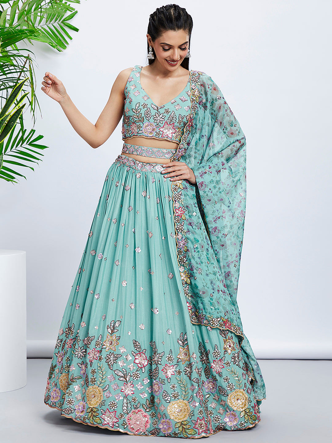 Turquoise Blue Chiffon Sequins And Thread Embroidery Lehenga Choli & Printed Dupatta - Rent