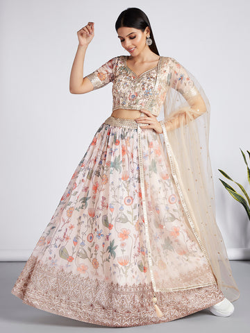 Cream color Organza Floral design digital print  Lehenga Choli & Dupatta - Rent