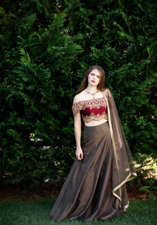 Maroon And Grey Classy Combination Silk Lehenga Choli - Clearance