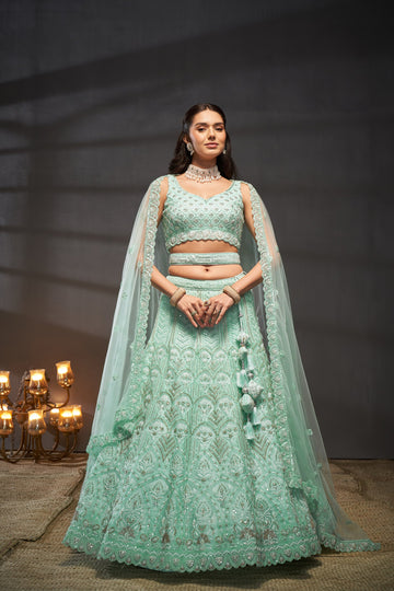 Turquoise blue Organza Sequins, Zarkan  Lehenga choli & Dupatta - Rent