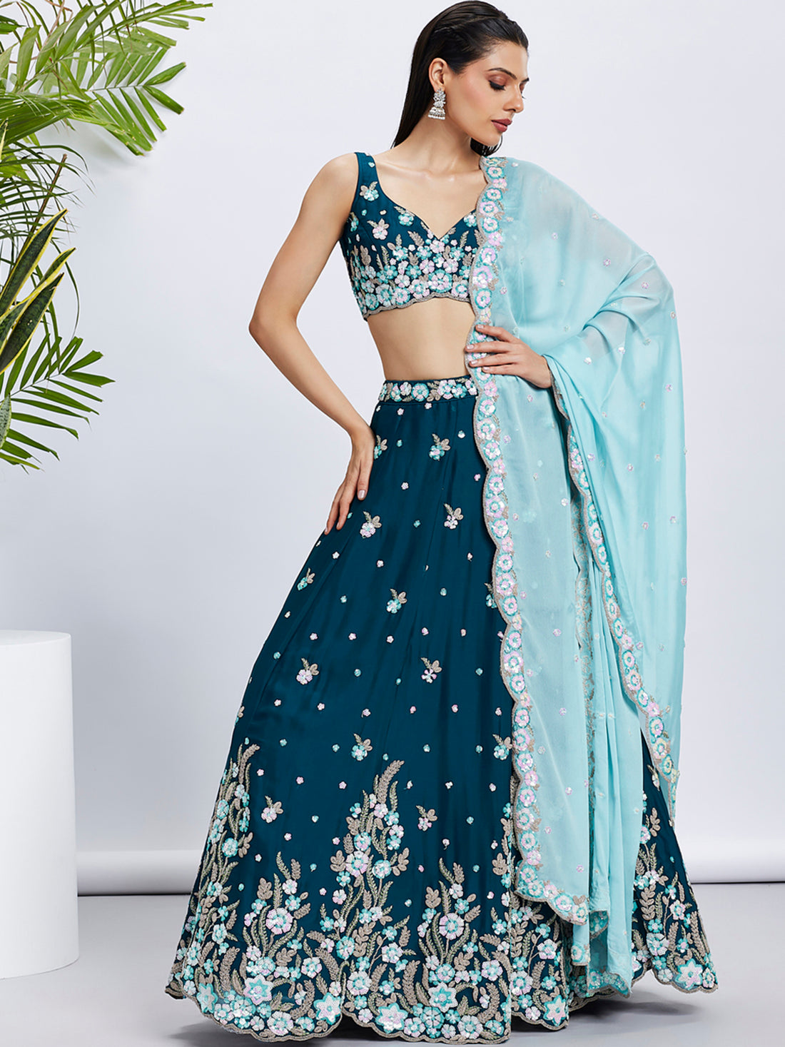 Stunning Teal Georgette Lehenga Choli with Intricate Sequins  - Rent