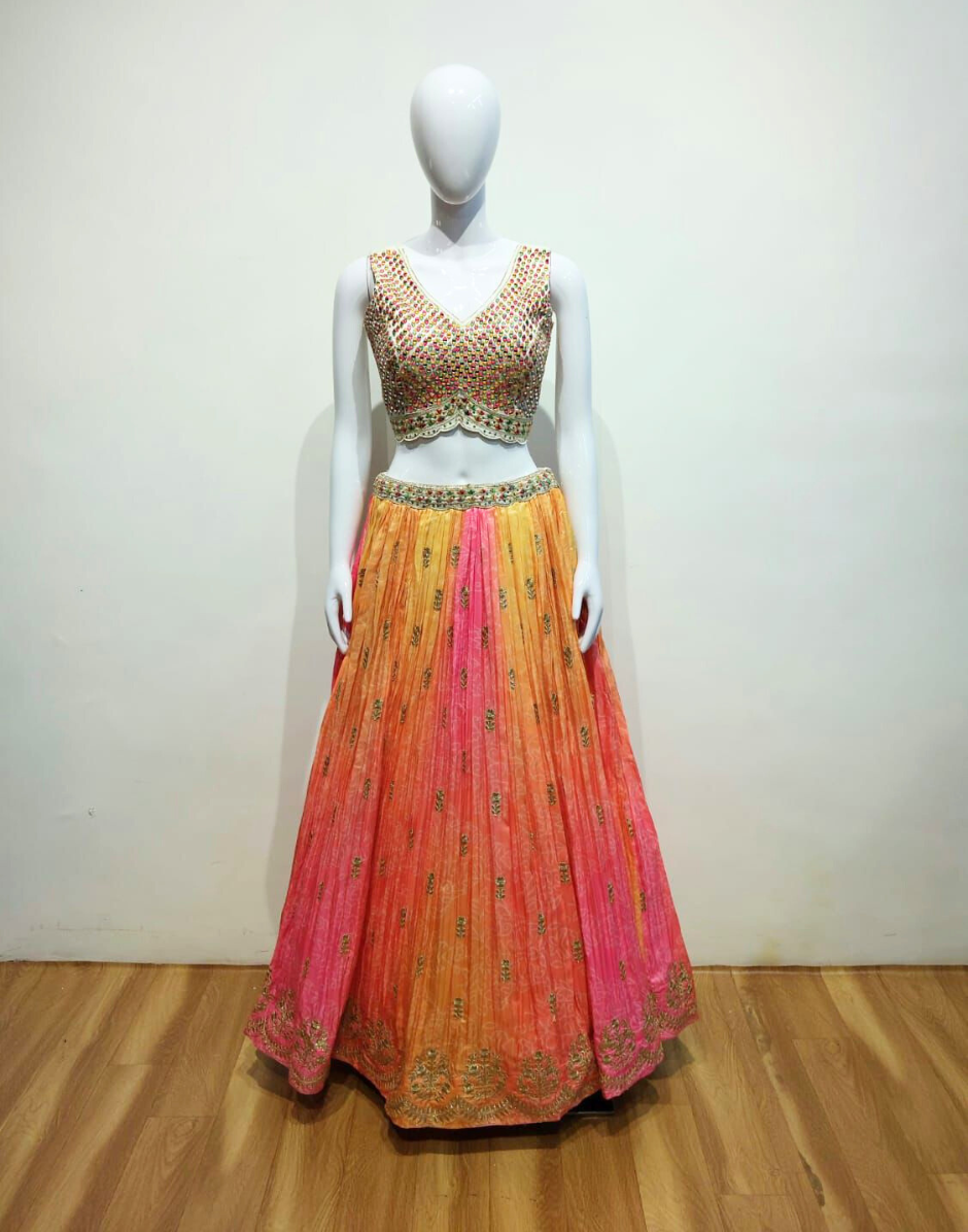 Exclusive Mustard Pink Silk Lehenga with Print & Embroidery Work - Buy