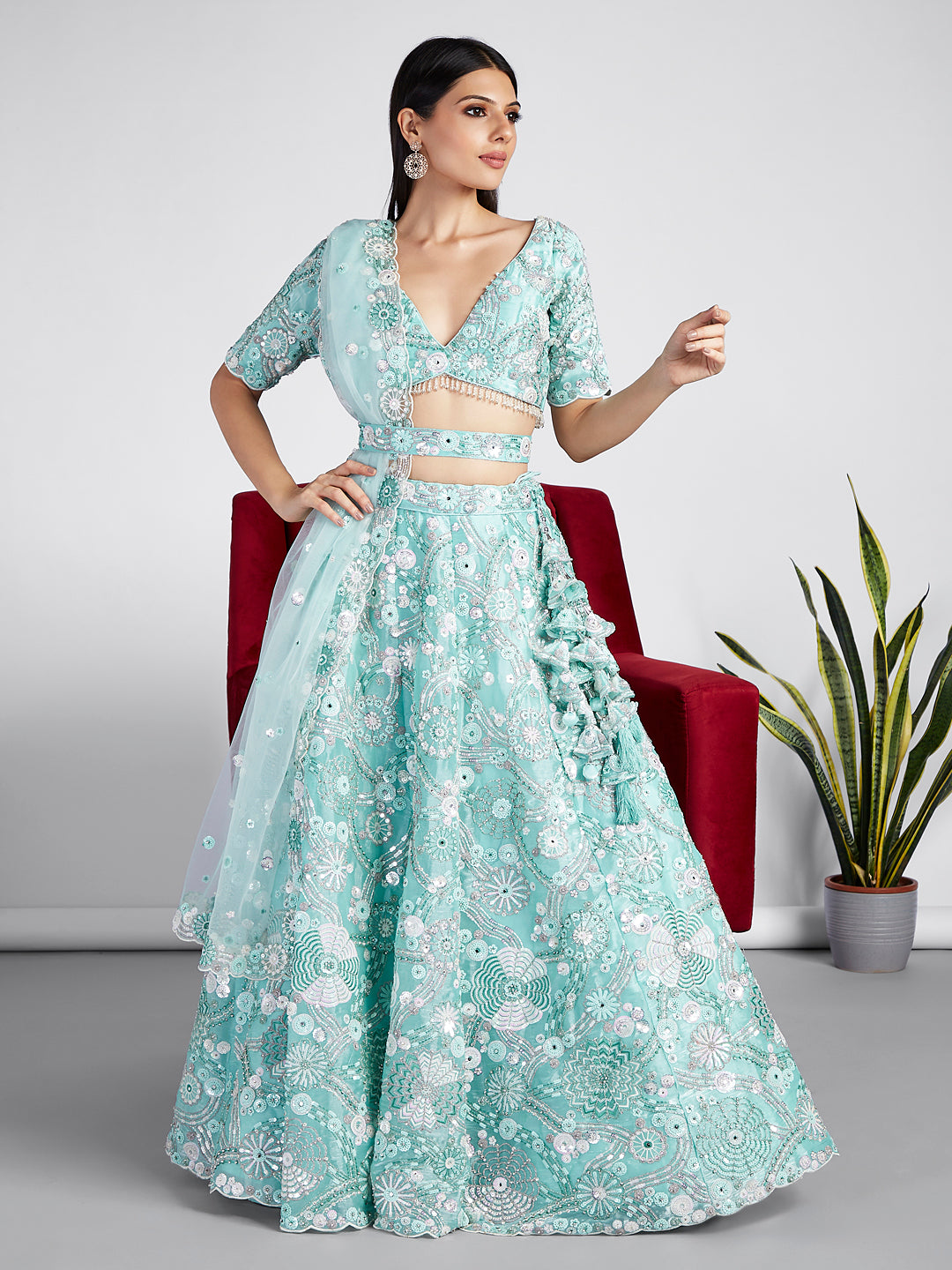 Turquoise blue Organza Sequins, Zarkan And Thread Embroidery Lehenga Choli & Dupatta - Rent