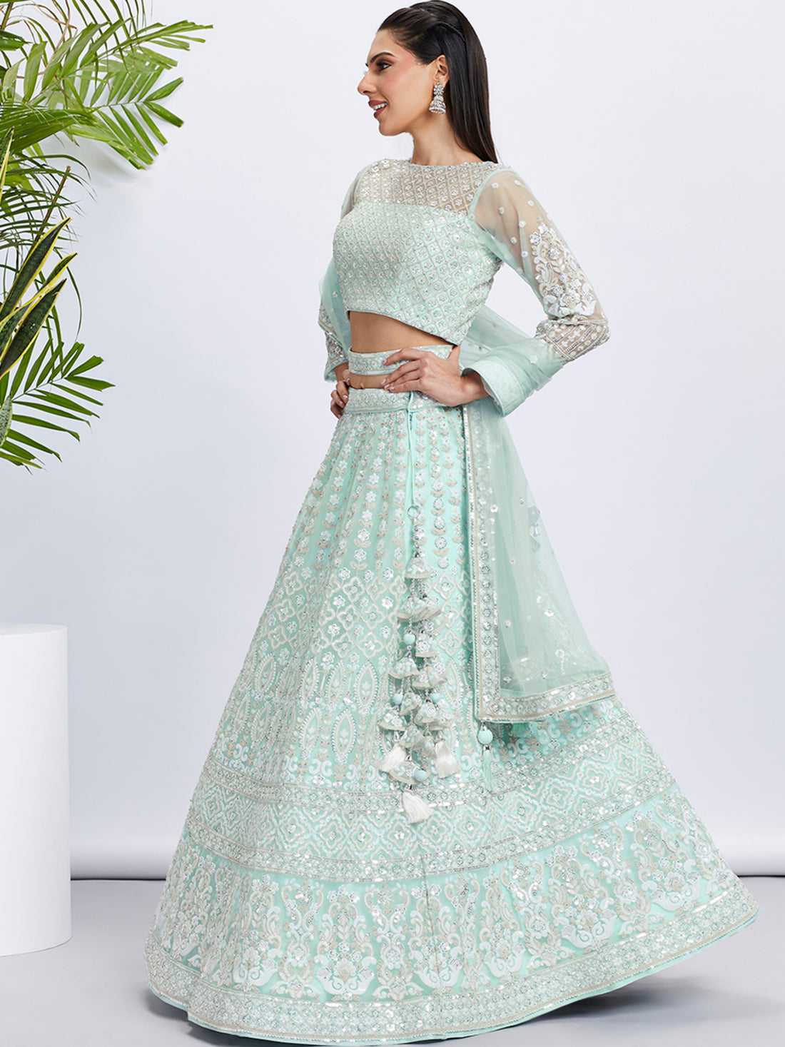 Luxurious Turquoise blue Pure Georgette Lehenga Choli with Sequins - Rent