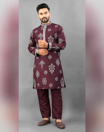 Men’s Ethnic Kurta Pyjama in Printed Art Silk with Detailed Embroidery Stylish Occasion Wear - Buy