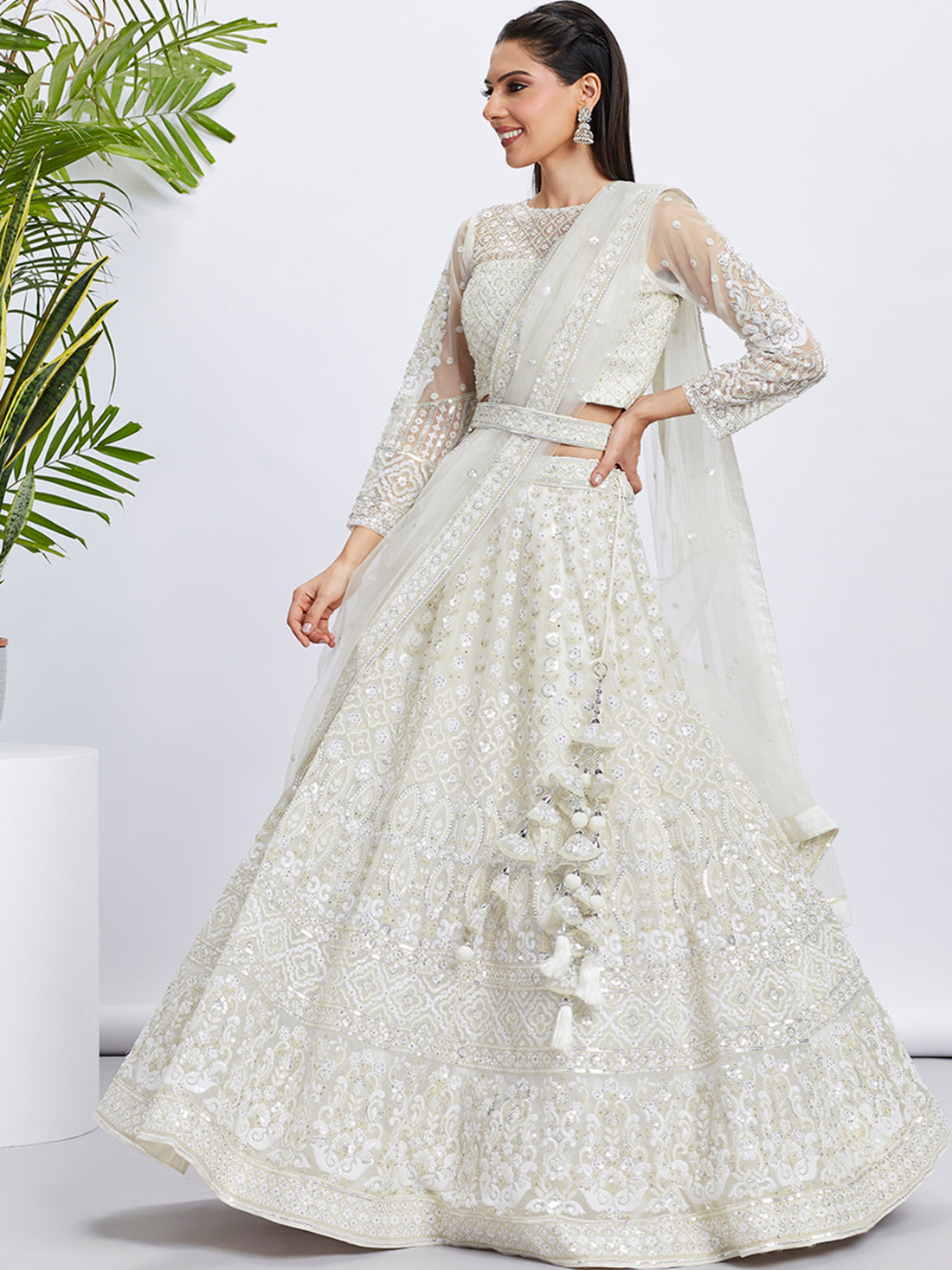 Stunning Cream Georgette Lehenga Choli with Intricate Sequins  - Rent