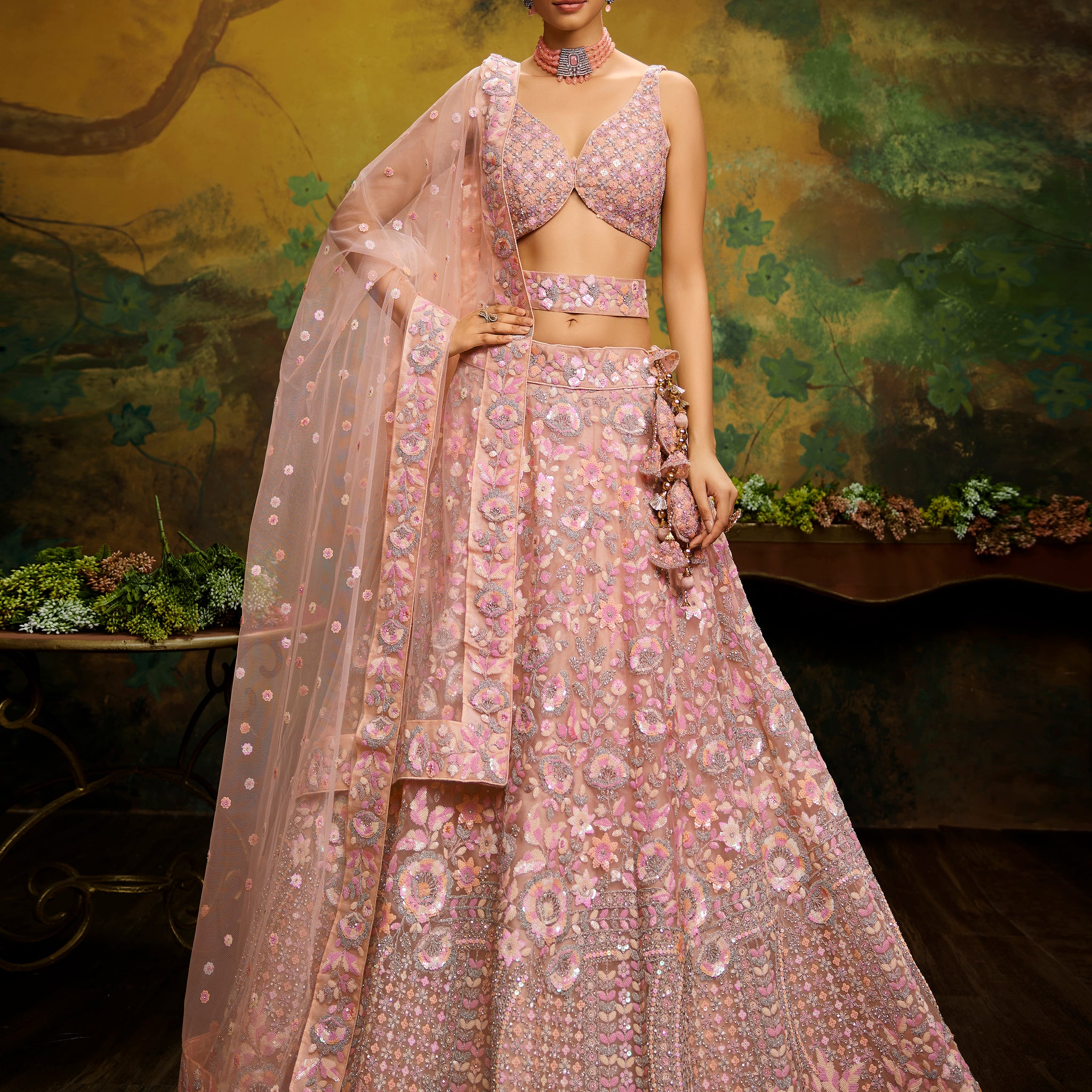 Stylish Designer Dusty Multicolour Silk  Lehenga Set - Rent