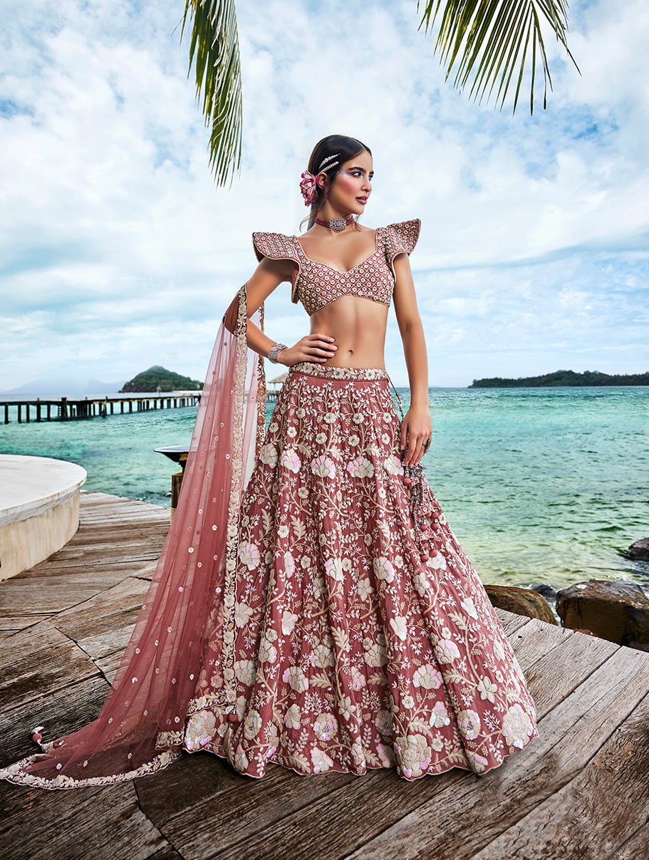 Rose Gold Chinon Sequins and Zarkan embroidery Lehenga Choli & Dupatta - Rent