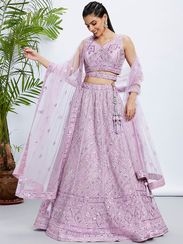 Lavender Net Cutdana, Sequins And Zarkan embroidery  Lehenga Choli & Dupatta - Rent