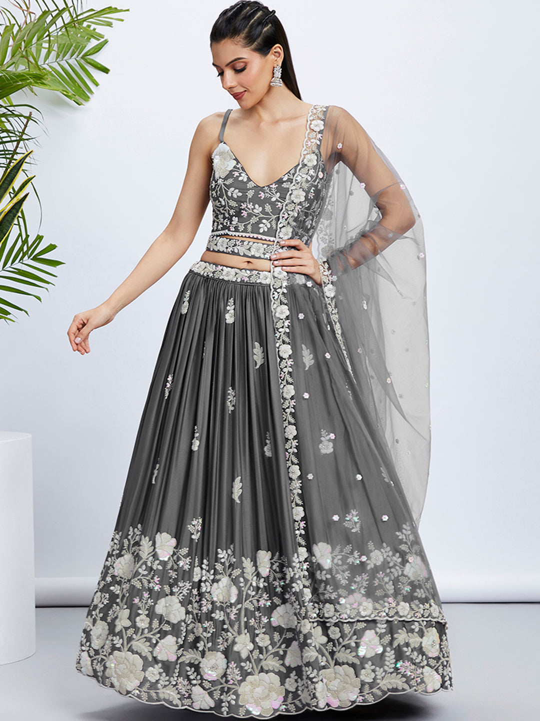 Grey Pure Georgette Sequins And Thread Embroidery Lehenga Choli & Dupatta - Rent