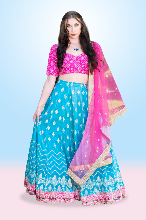 Beautiful Pink And Blue Printed Lehenga Set - Rent