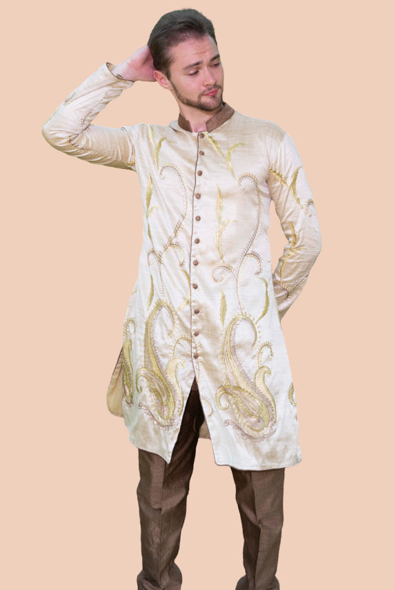 Beige and Brown Kurta set for Men - Rent