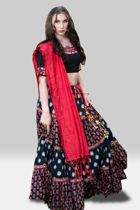 Navratri  Black And Red Embroidered Chaniya Choli - Rent