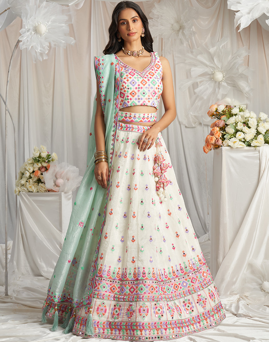 Glamorous Organza Lehenga Choli with Sequins & Mirror Detailing and Dupatta