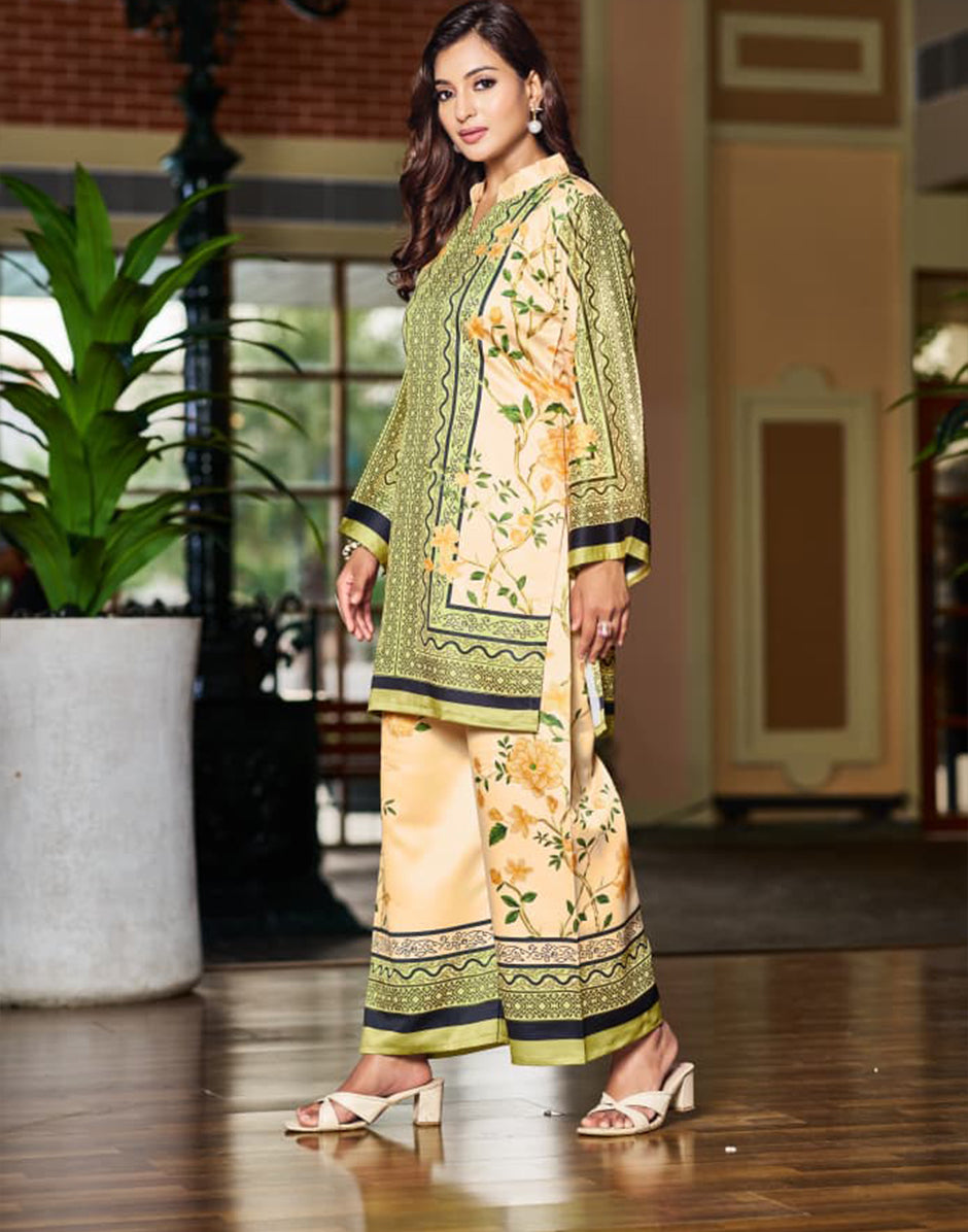 Trendy Beige Printed Satin Co-Ord Stylish Soft Two-Piece Set - Buy