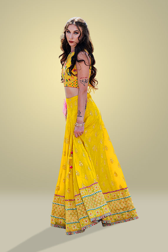 Yellow Raw Silk Hand Embroidered Haldi Lehenga Set - Rent