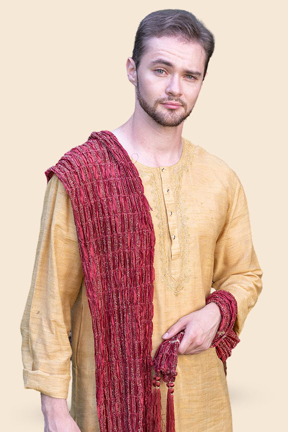 Beige and Red navratri special Kurta set for Men - Rent