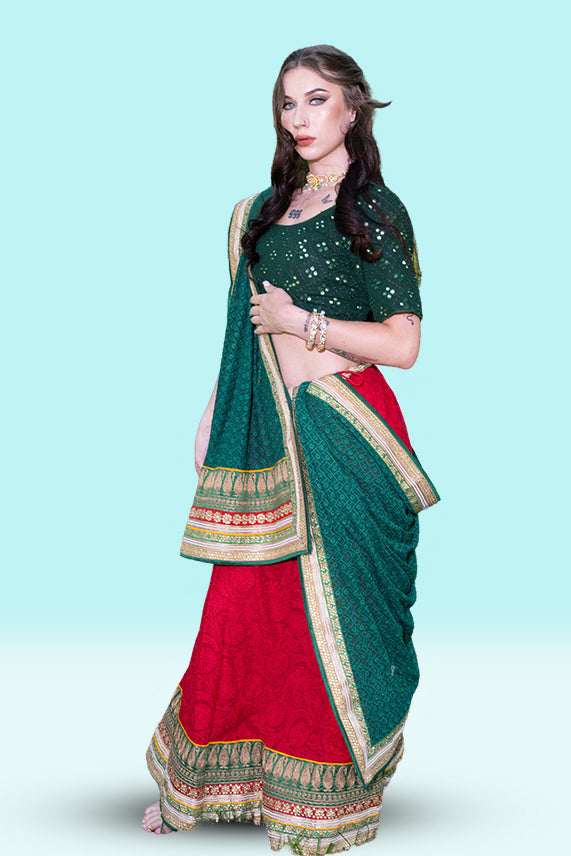 Navratri  Green And Red georgette Chaniya Choli - Rent