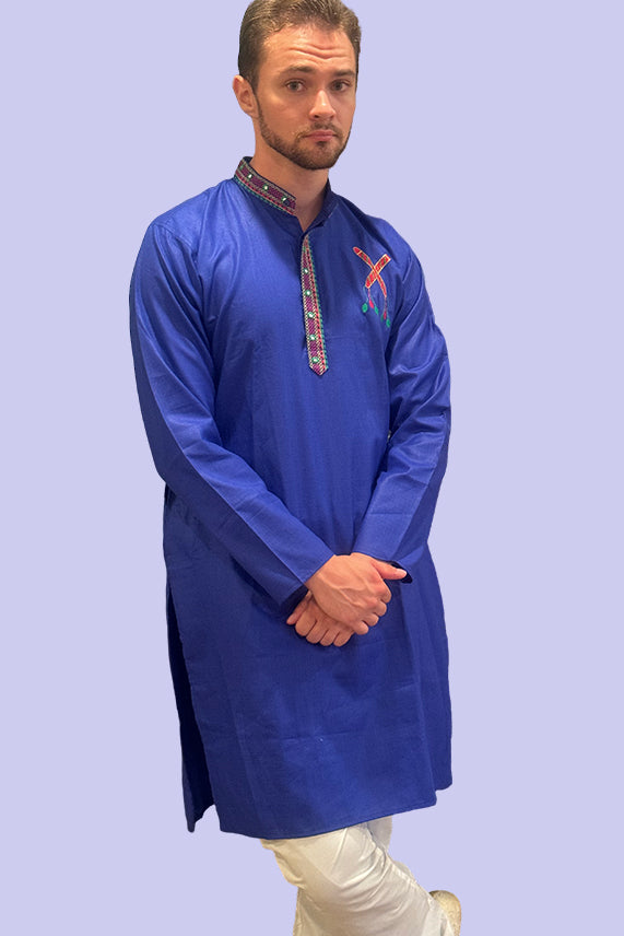 Navratri  Blue Patch Work Traditional Kurta Set For Men - Rent