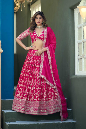 Rani Pink Dola Silk Embroidered Lehenga for Sangeet - RENT
