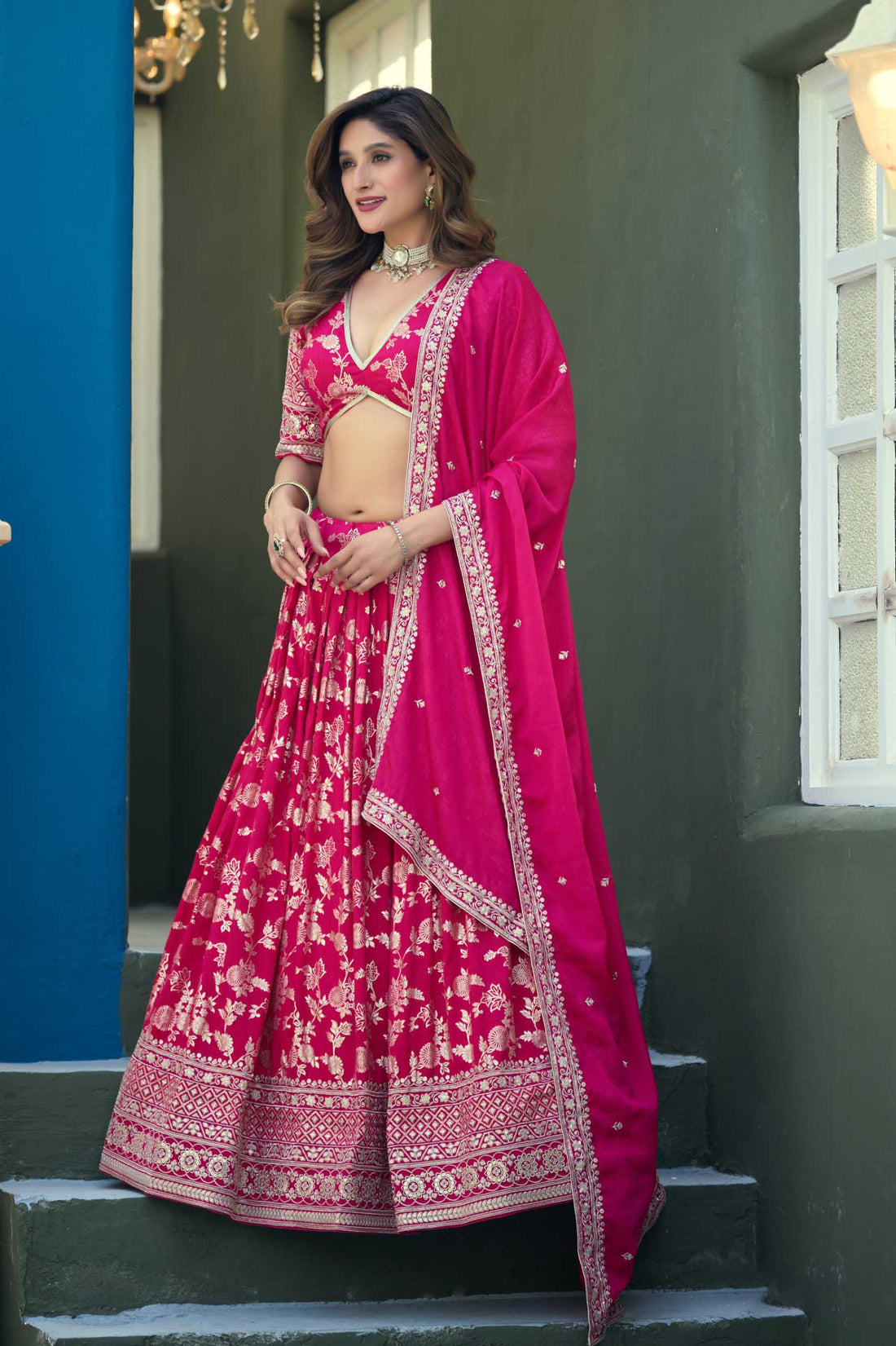 Rani Pink Dola Silk Embroidered Lehenga for Sangeet - RENT
