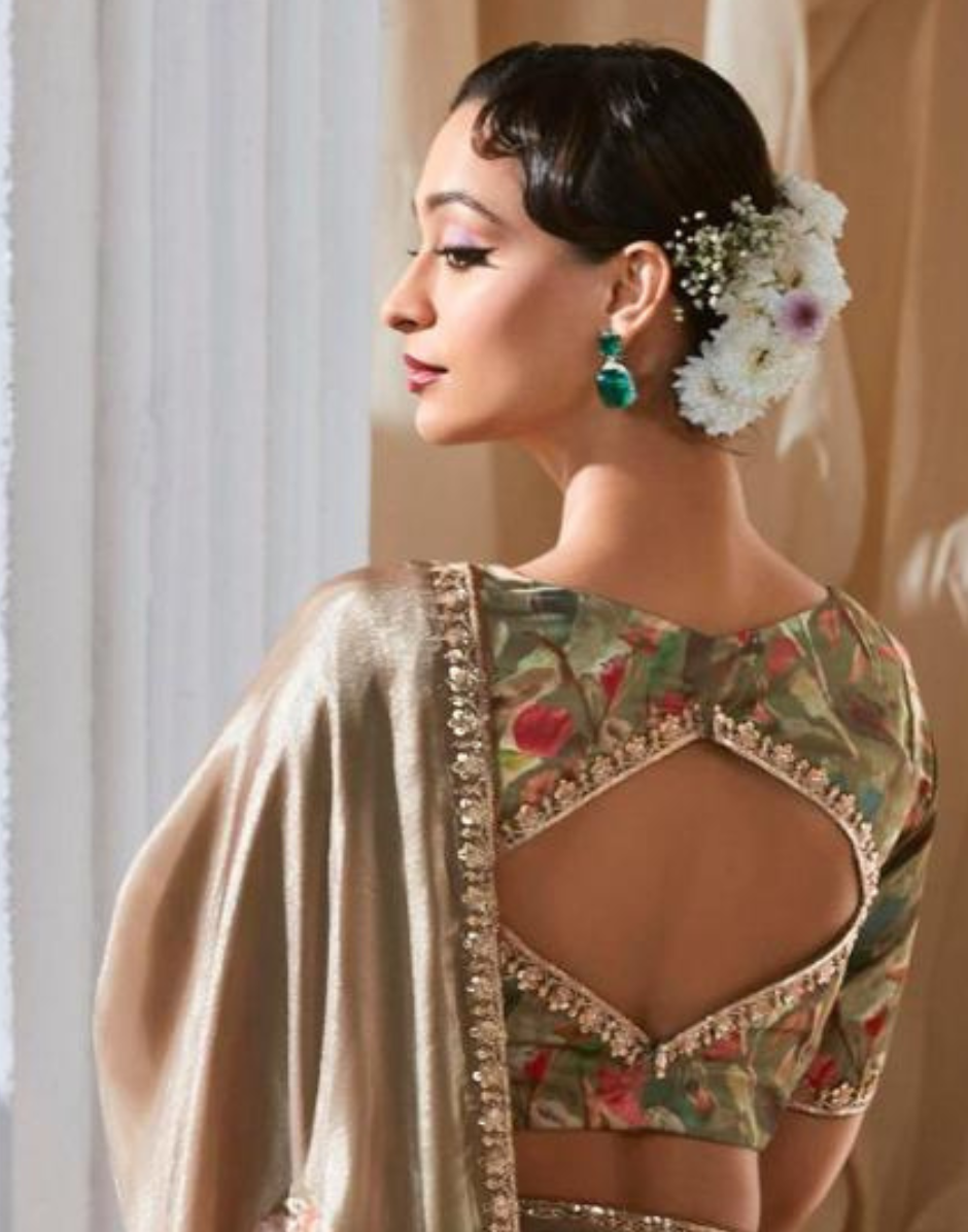 Graceful Embroidered Saree with Printed Blouse Dual-Tone Floral Elegance - Buy