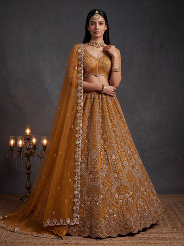 Rust Orange Designed Wedding Wear Lehenga Choli - RENT
