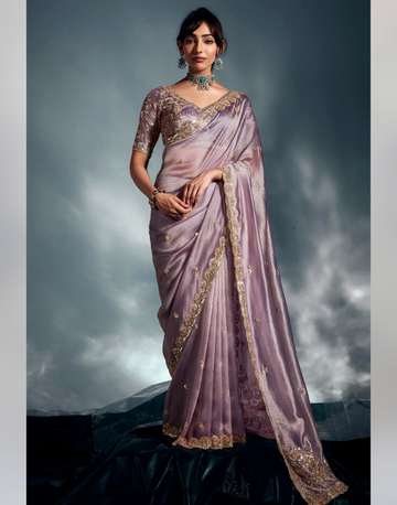 Graceful Purple Organza Saree with Handcrafted Border Pure Tissue with Moti & Cutdana Work