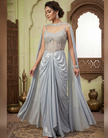 Ethnic Fusion Draped Saree Gown for Women with Embroidered Detailing