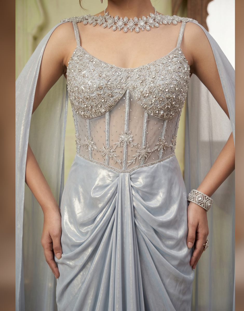 Ethnic Fusion Draped Saree Gown for Women with Embroidered Detailing