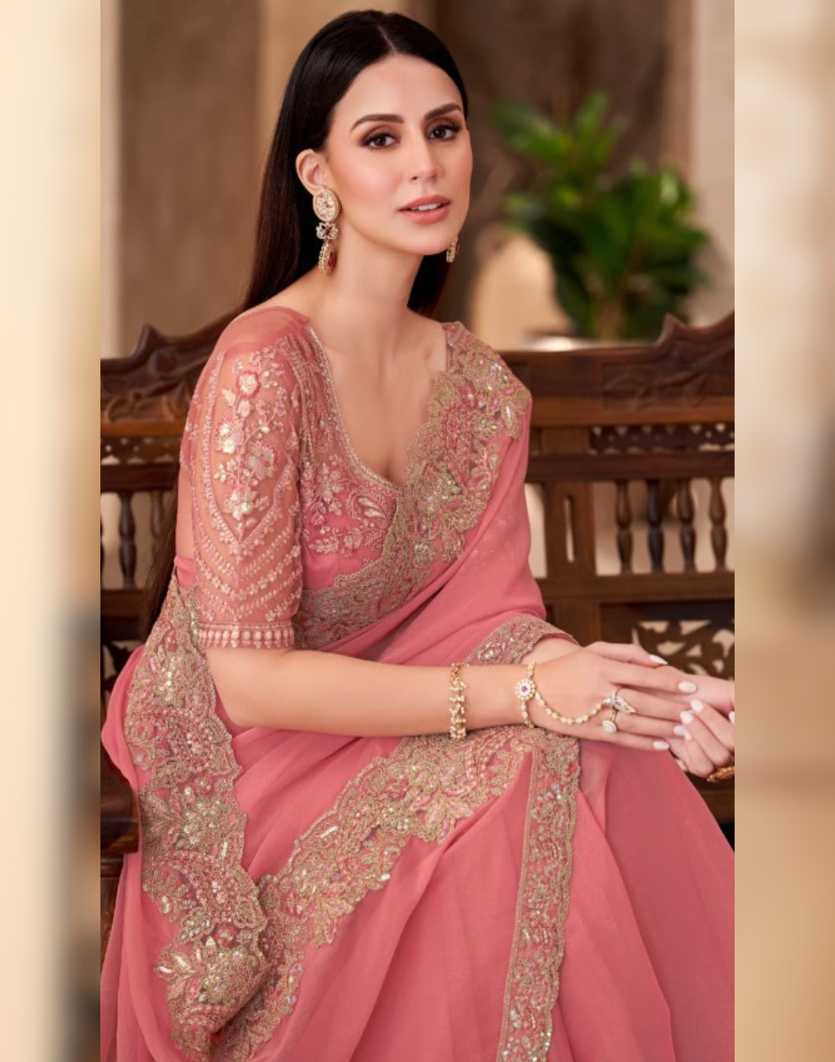 Peach Georgette Saree with Georgette Work Blouse Elegant Ethnic Ensemble - Buy_1