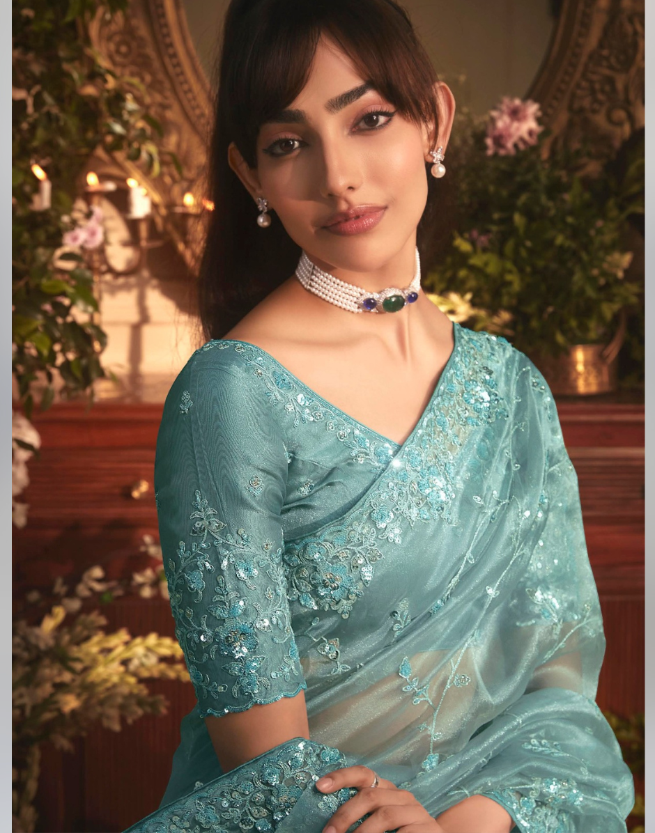 Luxury Sky Blue Organza Saree with Handcrafted Stone Border and Detailed Butta Embroidery - Buy