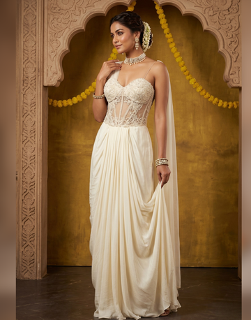 Ivory Designer Draped Saree Gown with Embroidered Corset Bodice