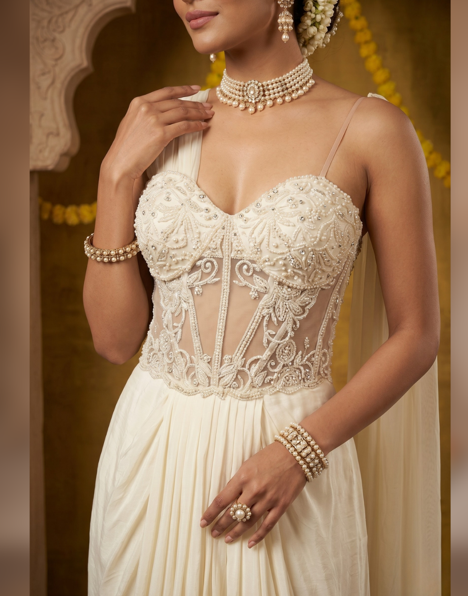 Ivory Designer Draped Saree Gown with Embroidered Corset Bodice