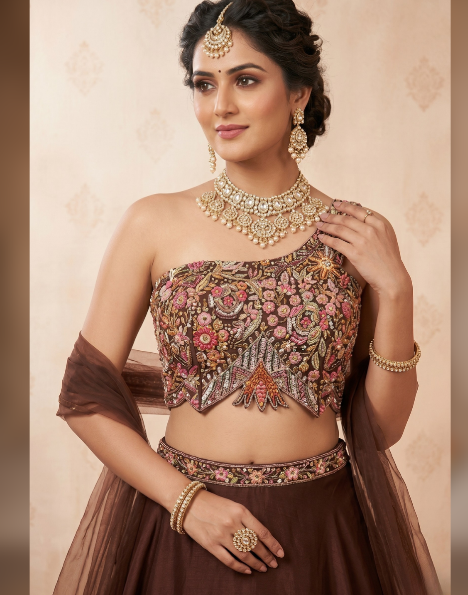 Authentic Embroidered Lehenga Choli Set with Organza Dupatta