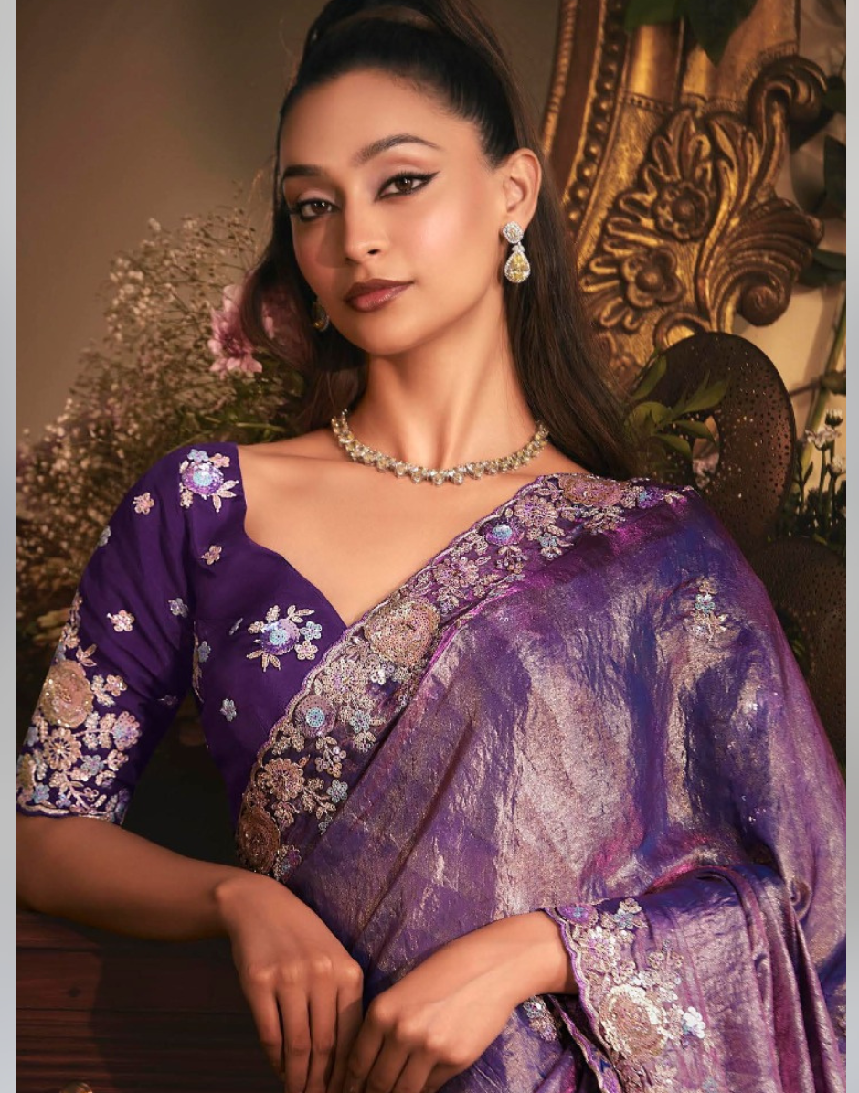 Purple Organza Saree with Heavy Stone Embroidered Border & Designer Butta Work Wedding & Festive Collection - Buy