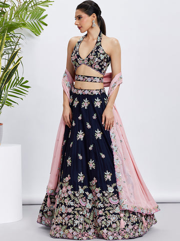 Stunning Navy Blue Georgette Lehenga Choli with Intricate Sequins  - Rent