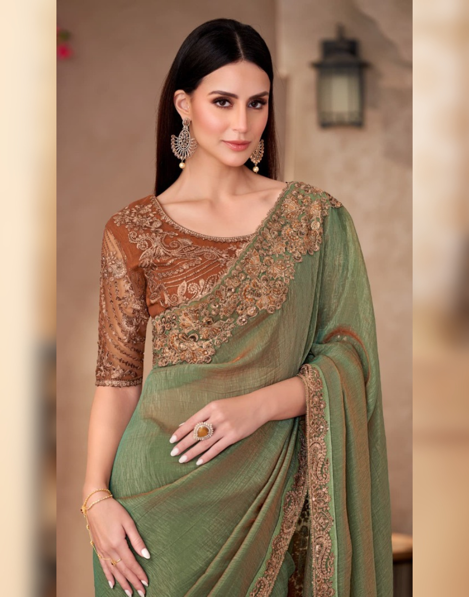 Golden Shine Mehendi Green Saree in Georgette with Elegant Linen Blouse - Buy