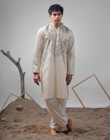 Timeless Beige Kurta Pyjama Set with Foil Print Art Silk Elegance for Traditional Events - Buy