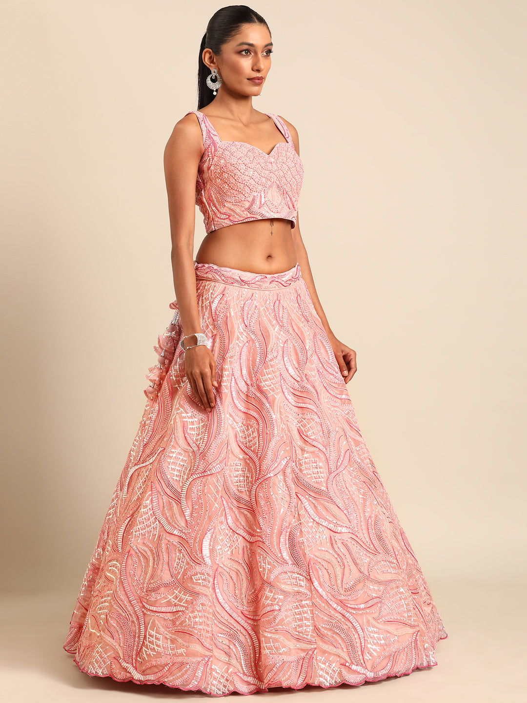 Pink  With Full Net Dupata Colored Lehenga: Timeless Elegance for Every Celebration - Rent