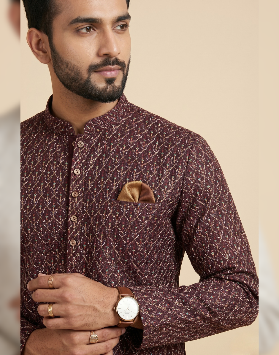 Rich Maroon Jacquard Kurta Pyjama Set for Men with Gold Detailing Festive & Wedding Wear